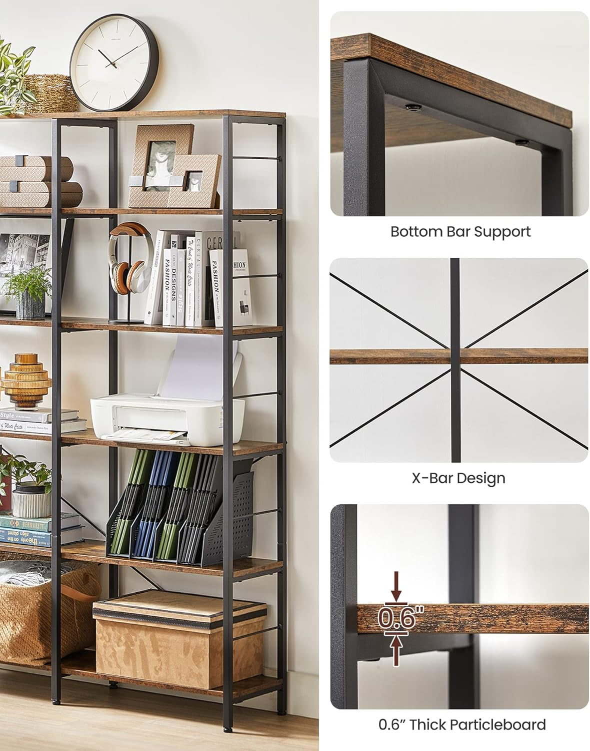 6-Tier Tall Bookshelf, Bookcase, Large Metal Shelf, 11.8 X 47.2 X 67.9 Inches, for Living Room, Kitchen, Pantry, Study, Home Office, Rustic Brown and Black ULLS114B01
