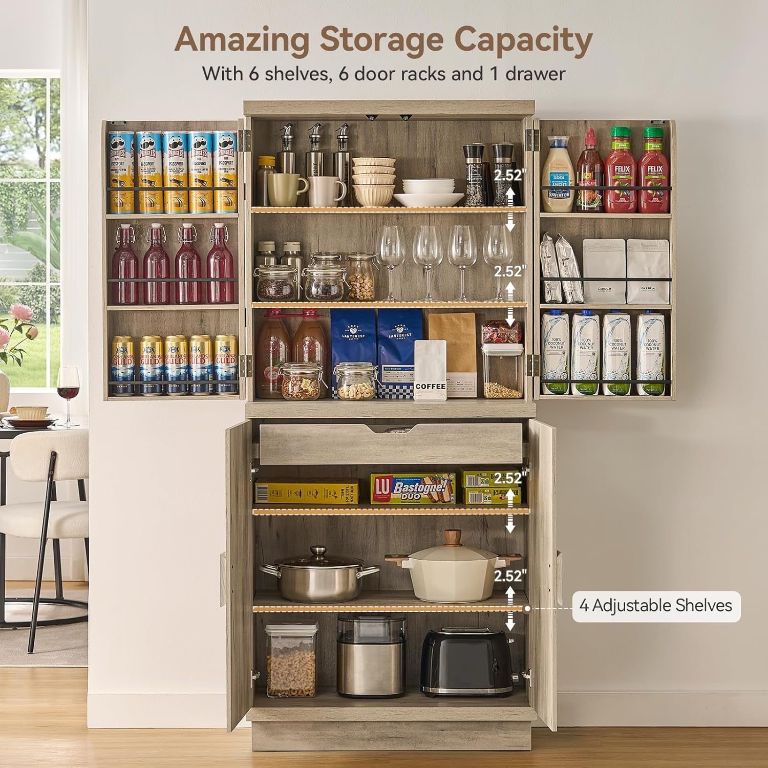 71" Tall Kitchen Pantry Cabinet, Pantry Storage Cabinet with 6 Door Shelves, Hidden Drawer and Adjustable Shelf, Freestanding Rustic Wood Pantry for Kitchen, Dining Room (Grey Oak)