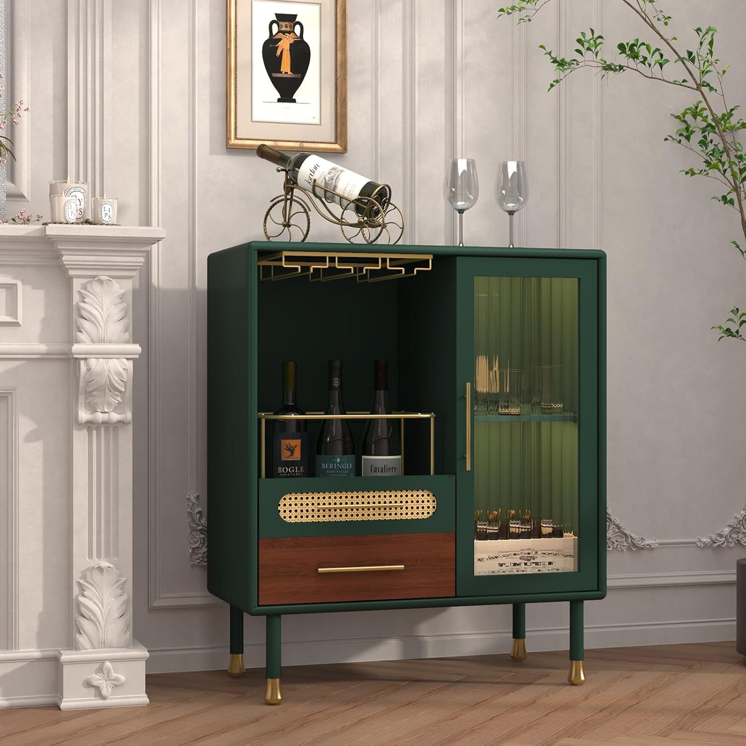 Modern Coffee Bar Cabinet with Wine Glass Rack and Drawers, Green Liquor Cabinet with Pull-Out Wine Storage for Kitchen, Dining Room, Living Room