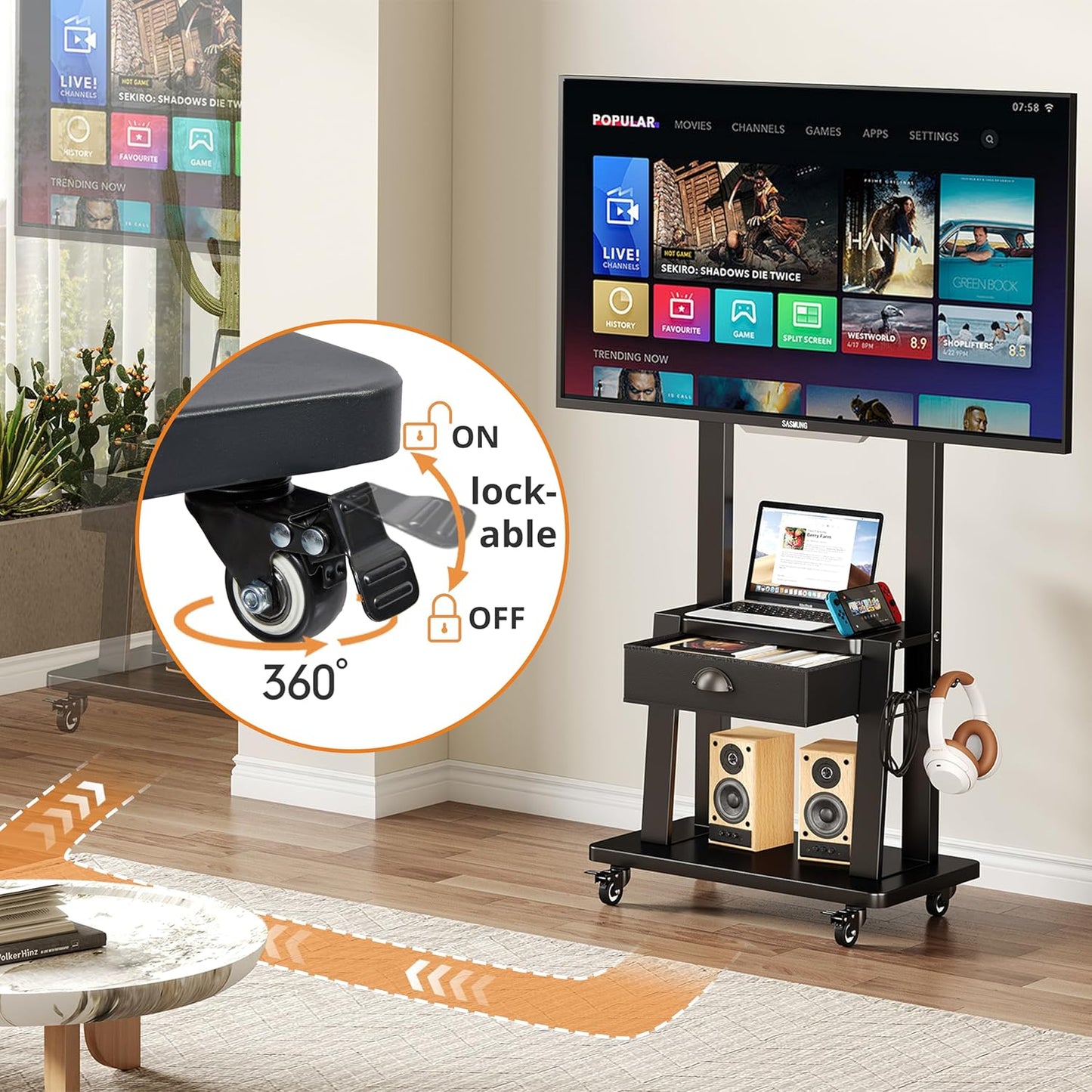 Mobile TV Cart with Drawer,For 23-75 Inch Flat/Curved Screen up to 120Lbs,Adjustable Height Rolling Tvs Floor Stand with 2 Tiers Shelves,Locking Wheel,For Indoor Outdoor,Max VESA 600X400Mm,Black