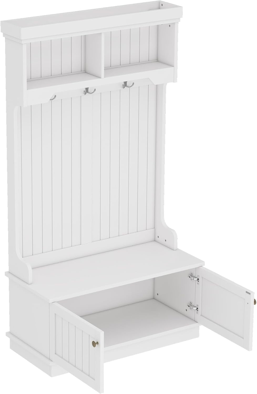 Hall Tree with Bench and Shoe Storage Shelf, Wood Hall Tree with 3 Hooks/Mudroom Bench with Storage and Hooks, Wood Hall Trees for Entryway, Hallway, Living Room, White