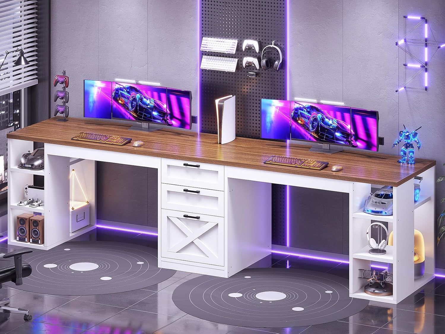 Farmhouse 96.5" Computer Desk with Drawers, 2 Person Home Office Desk, Gaming Double Desk with Storage Shelves, Long Two Person Writing Desk (White and Brown)