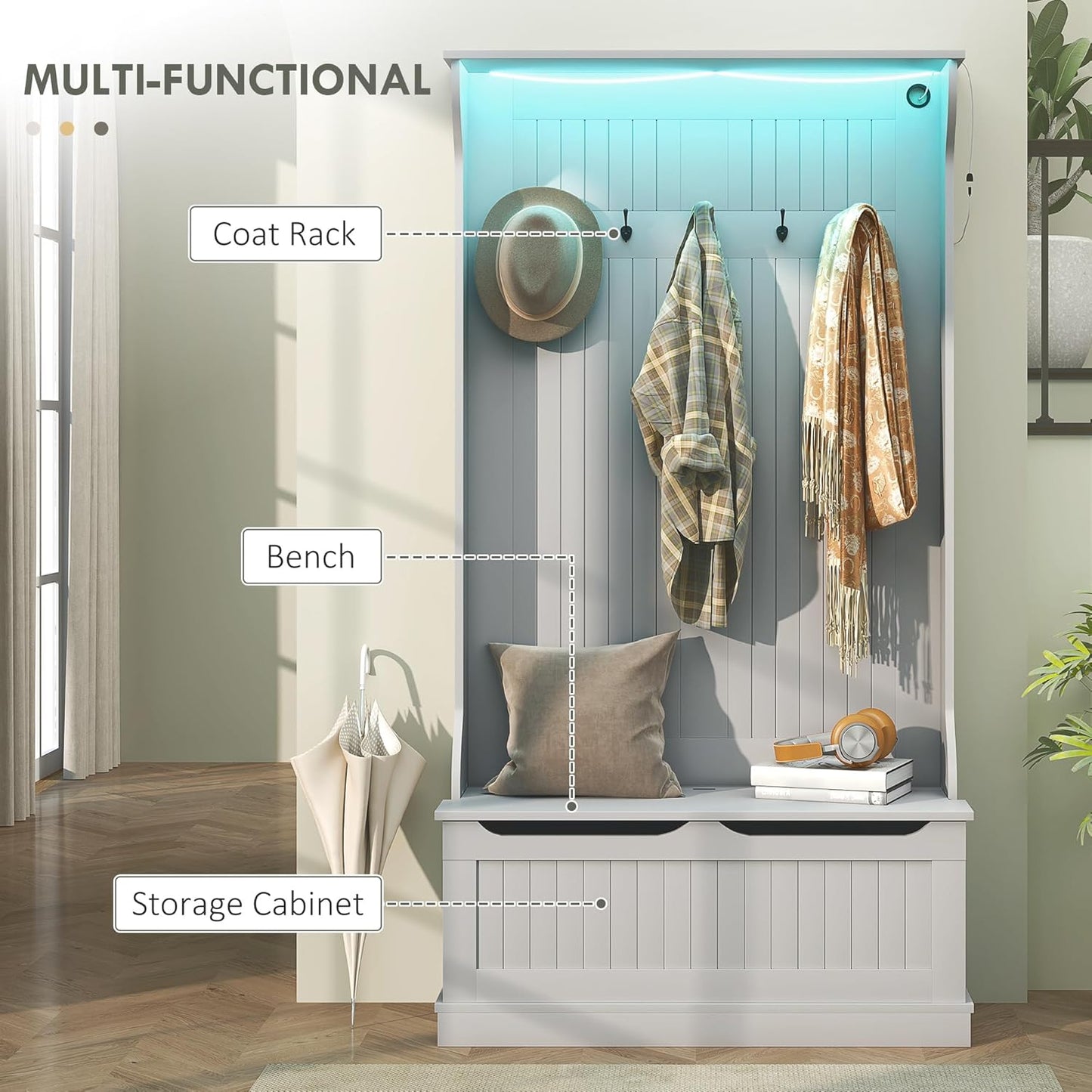3-In-1 Hall Tree with LED Lights and Shoe Storage, Standing Coat Rack with Shoe Bench, Entryway Furniture with Five Hooks, Gray