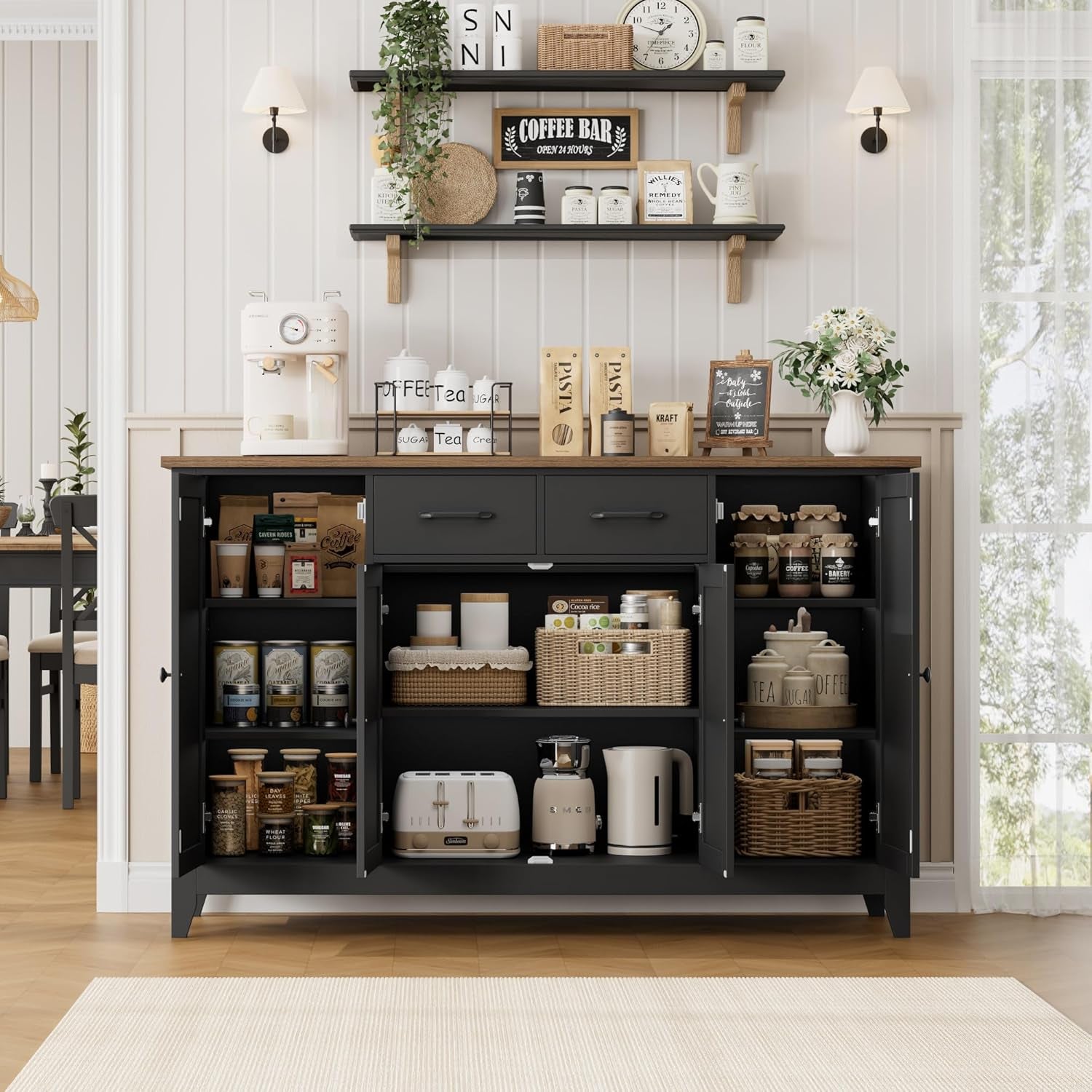 55" Buffet Cabinet with Storage, Kitchen Buffet Sideboard with Drawers, Large Storage Cabinet with Doors and Shelves, Modern Farmhouse Coffee Bar for Kitchen, Dining Room, Living Room, Black
