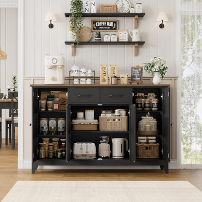 55" Buffet Cabinet with Storage, Kitchen Buffet Sideboard with Drawers, Large Storage Cabinet with Doors and Shelves, Modern Farmhouse Coffee Bar for Kitchen, Dining Room, Living Room, Black