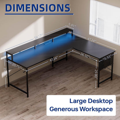 64 Inch L Shaped Gaming Desk with Power Outlets and Led Lights, Large Corner Computer Desk with Monitor Stand and Pegboard, PC Table for Home Office and Bedroom Black
