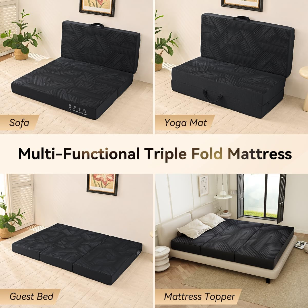 Memory Foam Mattress, Twin Size 6 Inch Tri-Fold Mattress, Handles and Non-Slip Bottom, Mattress Topper with Washable Cover, Foldable Bed for Yoga, Living Room, Camping, 75"X 38" X 6", Black