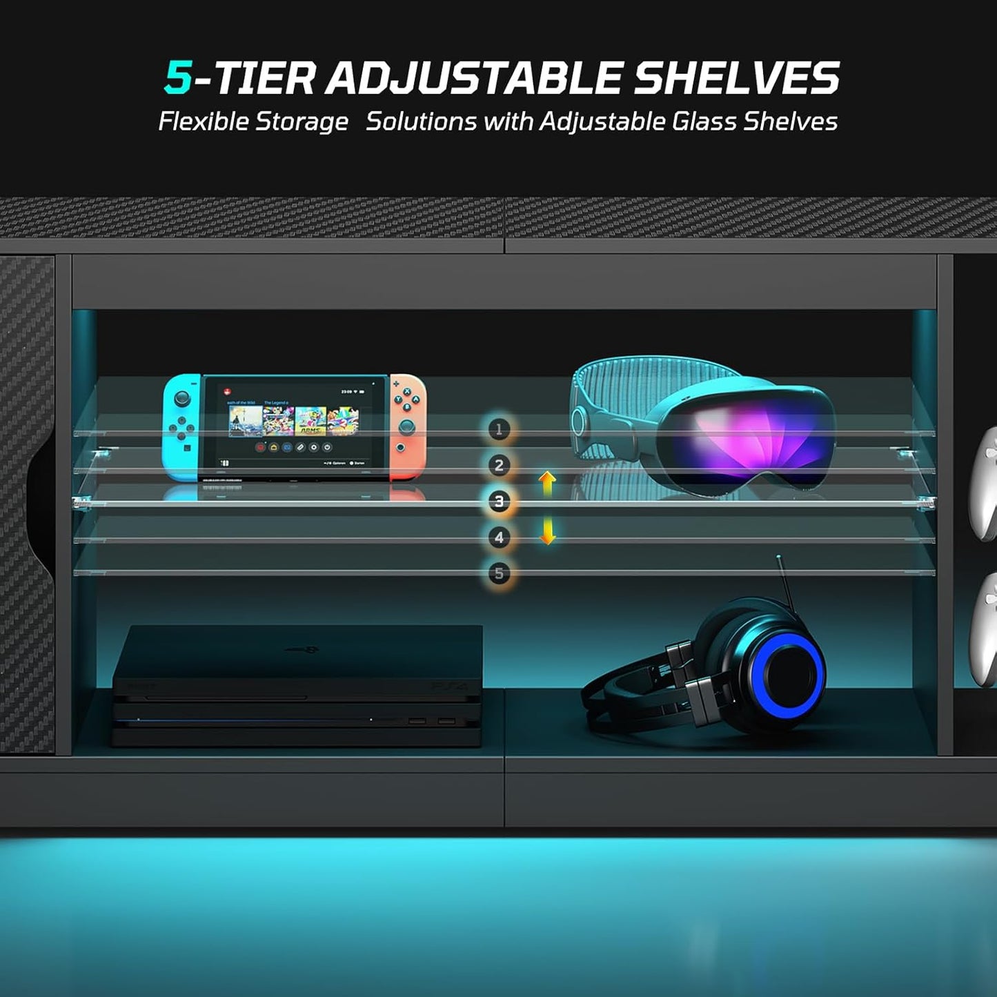 LED TV Stand for 55/60/65 Inch TV, Gaming Entertainment Center with Cabinet for PS5, Xbox,Modern TV Cabinet with Adjustable Glass Shelves for Living Room, Bedroom 57 Inch,Black