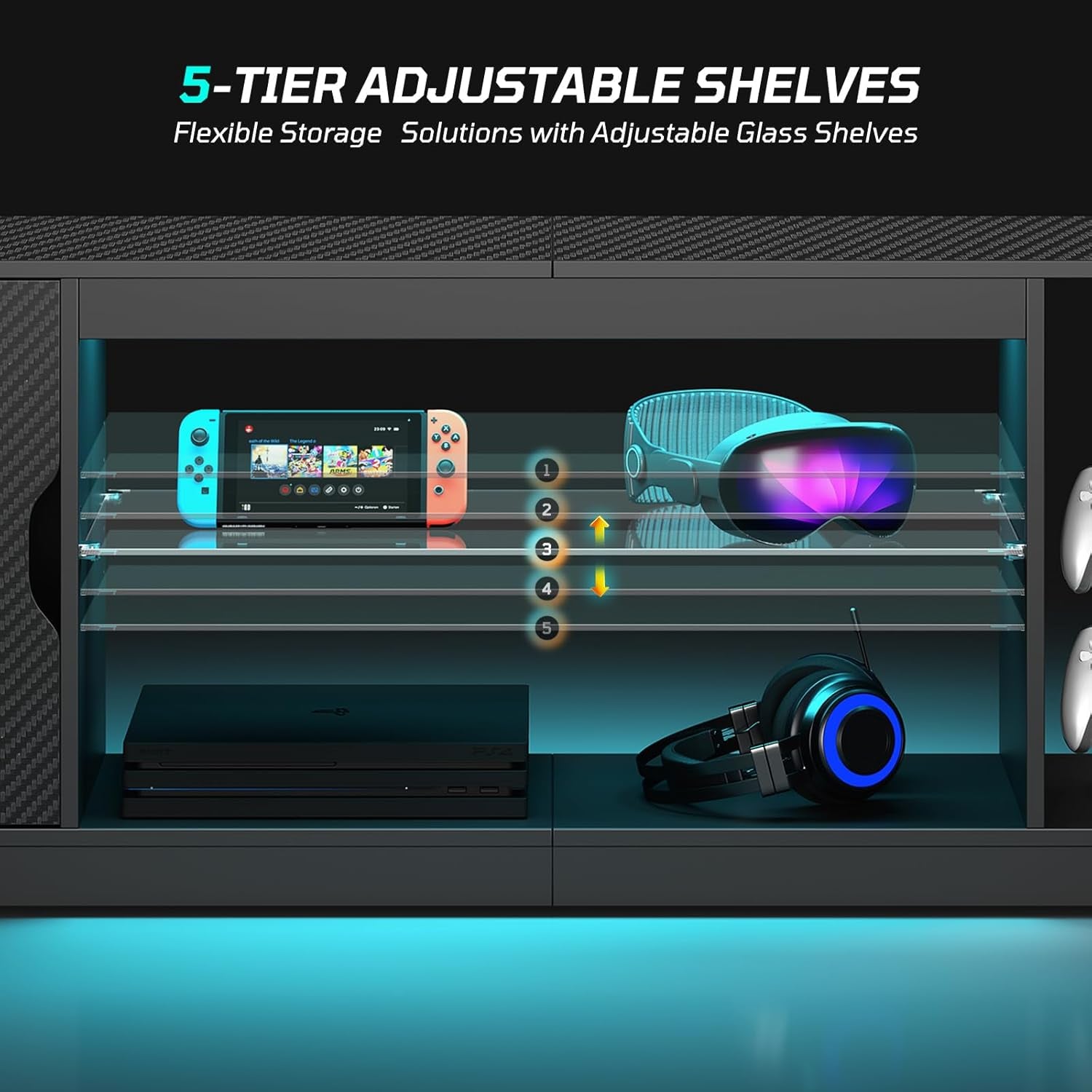 LED TV Stand for 55/60/65 Inch TV, Gaming Entertainment Center with Cabinet for PS5, Xbox,Modern TV Cabinet with Adjustable Glass Shelves for Living Room, Bedroom 57 Inch,Black