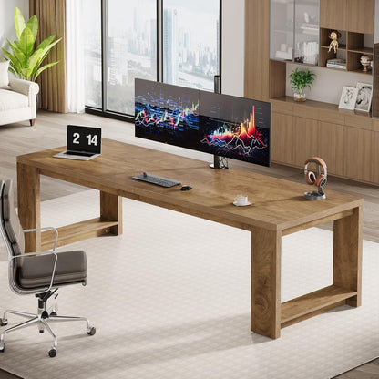Two Person Desk, 86.6 Inches Extra Long Desk, Double Computer Writing Table, Wood Large Desks Workstation for Home Office, Natural Wood