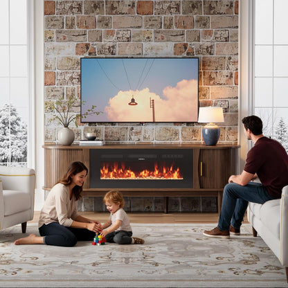 70″ Fluted Fireplace TV Stand for 80″ Tvs, Remote & Touch Control Adjustable Flame Colors & Temperature, Entertainment Center with Storage, Modern Media TV Console Table for Living Room(Walnut)