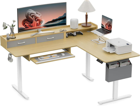 63 Inches Height Adjustable L Shaped Standing Desk with 2 Drawers and Keyboard Tray, Electric Sit to Stand Home Office Comupter Table, Ergonomic Corner Gaming Desk, Oak
