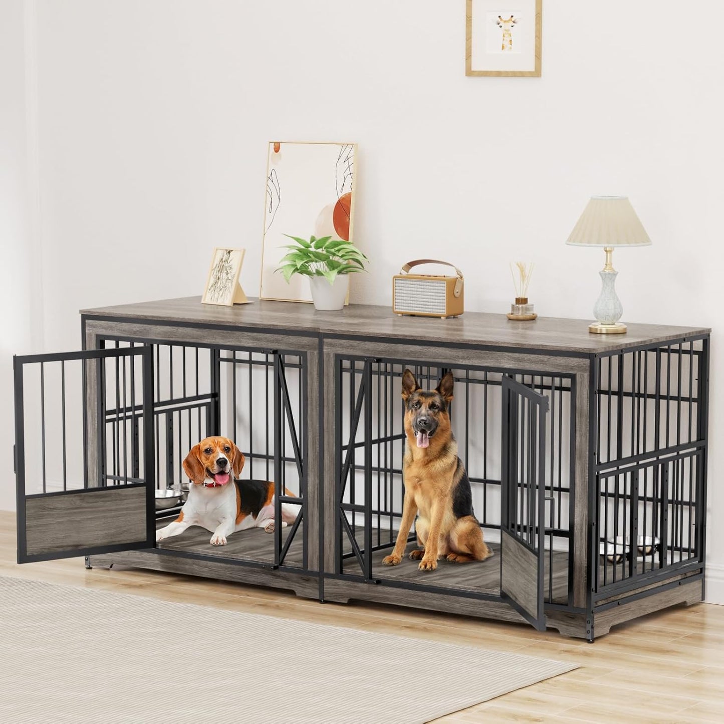 71'' Double Dog Crate Furniture for 2 Dogs, Extra Large Dog Cage with Adjustable Divider, Heavy Duty Dog Kennel Indoor with 4 Bowls, XXL Dog Crate Wooden TV Stand End Table for Large Breed, Grey