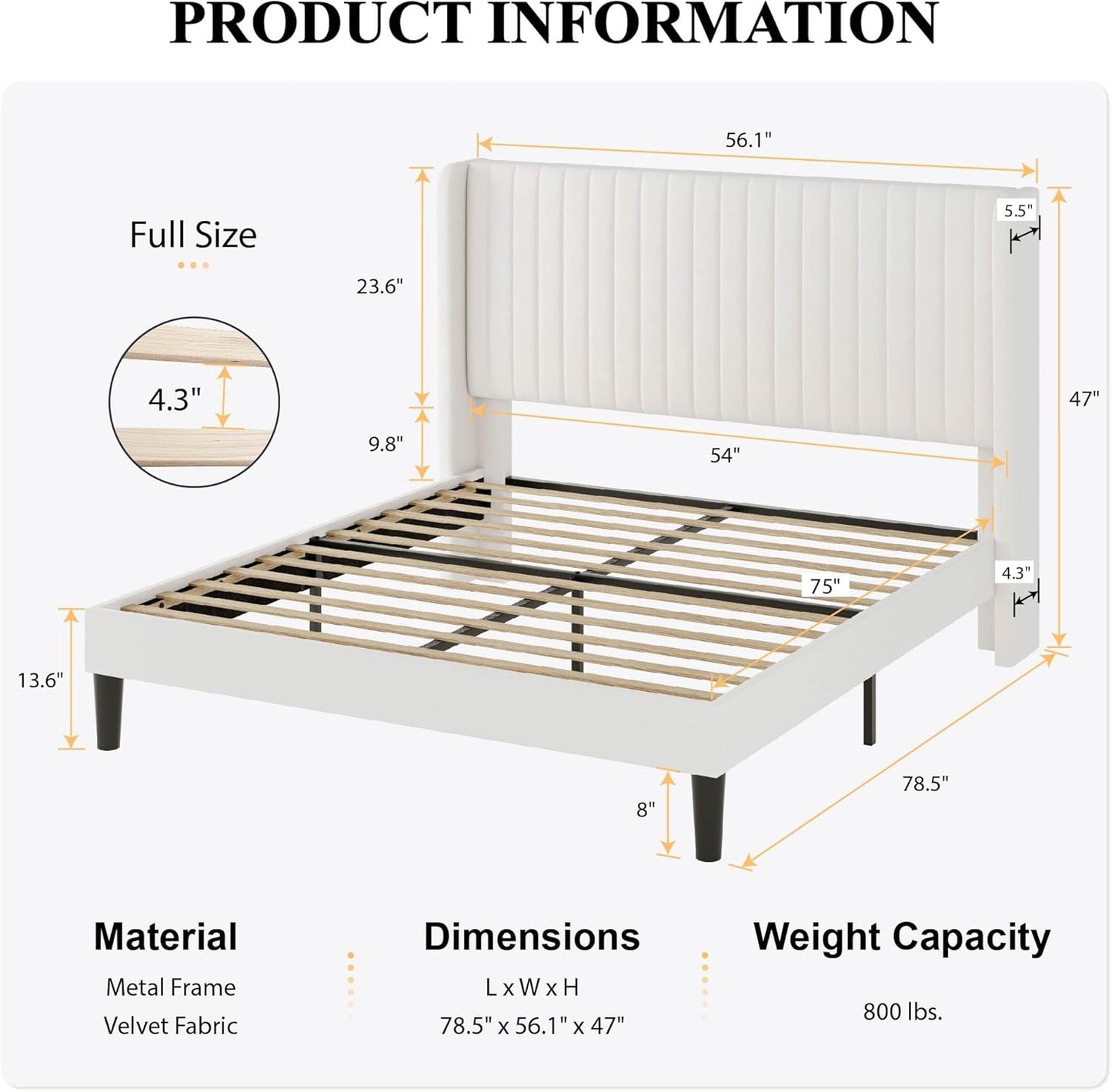 Full Size Velvet Bed Frame with Vertical Channel Tufted Wingback Headboard, Upholstered Platform Bed with Wood Slats, No Box Spring Needed, Easy Assembly, White