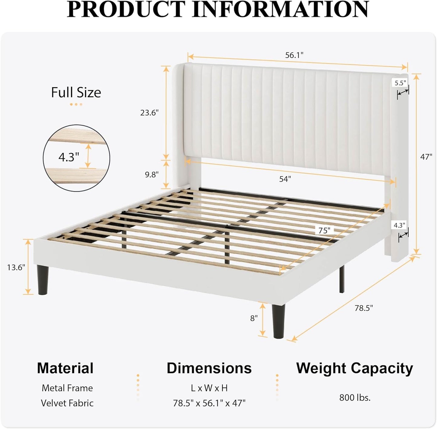 Full Size Velvet Bed Frame with Vertical Channel Tufted Wingback Headboard, Upholstered Platform Bed with Wood Slats, No Box Spring Needed, Easy Assembly, White