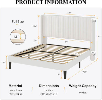 Full Size Velvet Bed Frame with Vertical Channel Tufted Wingback Headboard, Upholstered Platform Bed with Wood Slats, No Box Spring Needed, Easy Assembly, White