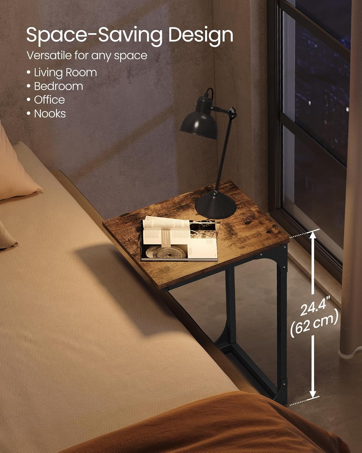 C-Shaped End Table, Small Side Table for Couch, Sofa Table with Metal Frame for Living Room, Bedroom, Bedside, Rustic Brown and Black