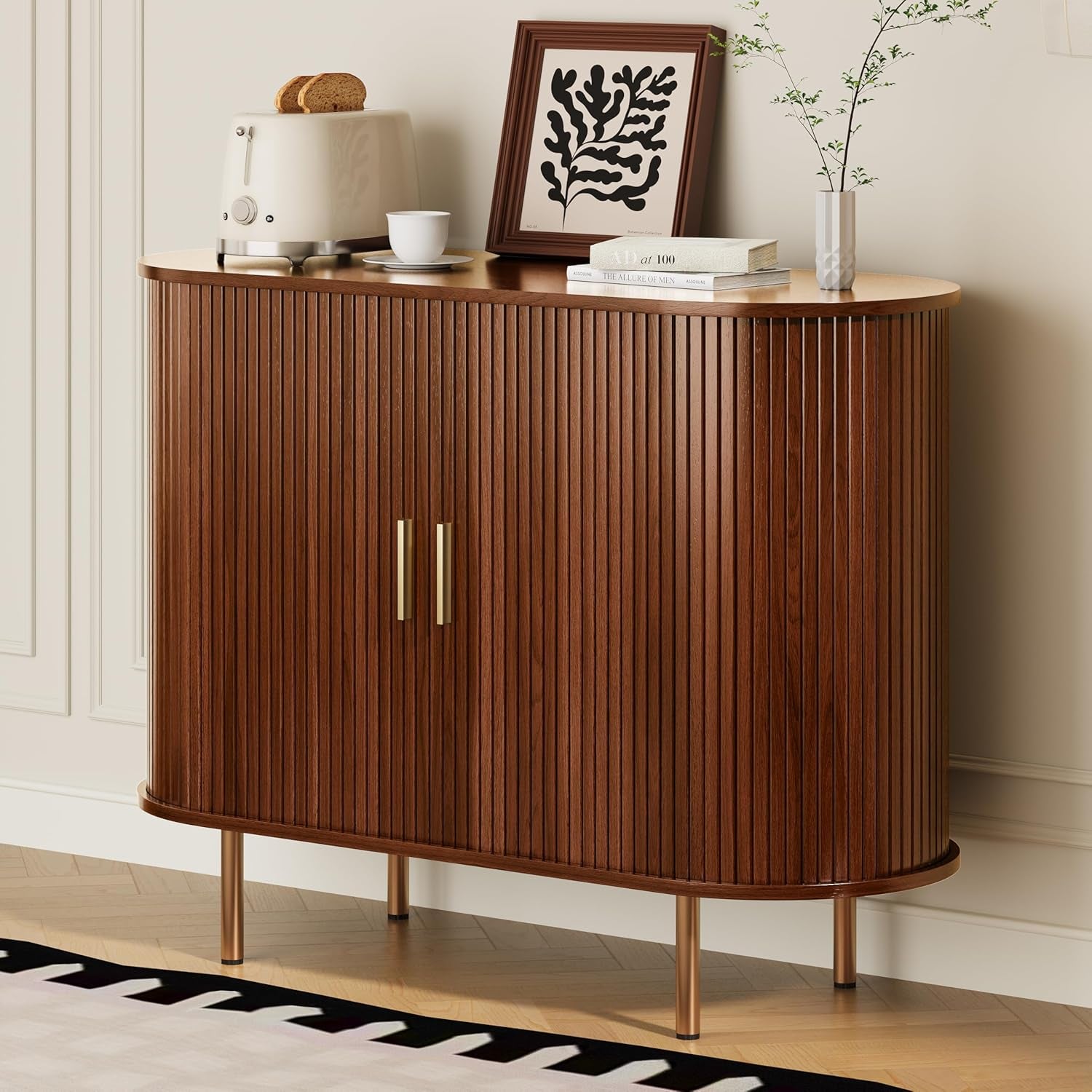 Sideboard Buffet Cabinet with Storage,Mid Century Modern Fluted Accent Coffee Bar Console Table,Tambour Sliding Doors& Adjustable Shelf for Kitchen, Living Room, Entryway(Walnut, 40Inch) - Walnut / 40 Inch