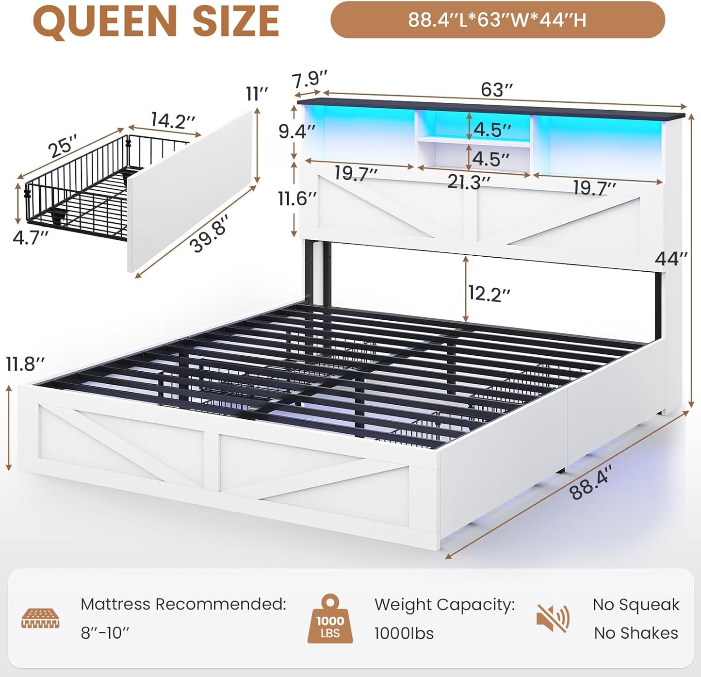 Farmhouse Bed Frame Queen Size with Bookcase Storage Headboard, Charging Station and LED Lights, Wooden Queen Bed Frame with 4 Drawers, Barn Door Design, No Box Spring Needed, No Noise, White