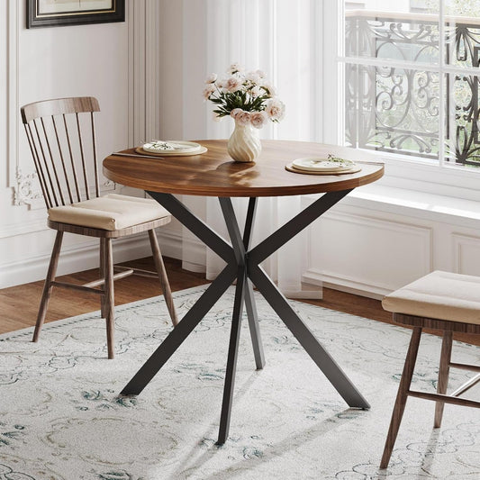 round Dining Table for 2, Farmhouse Wood Kitchen Table, Circle Dinner Table for Kitchen & Dining Room, Small Space, 31.5In, Walnut