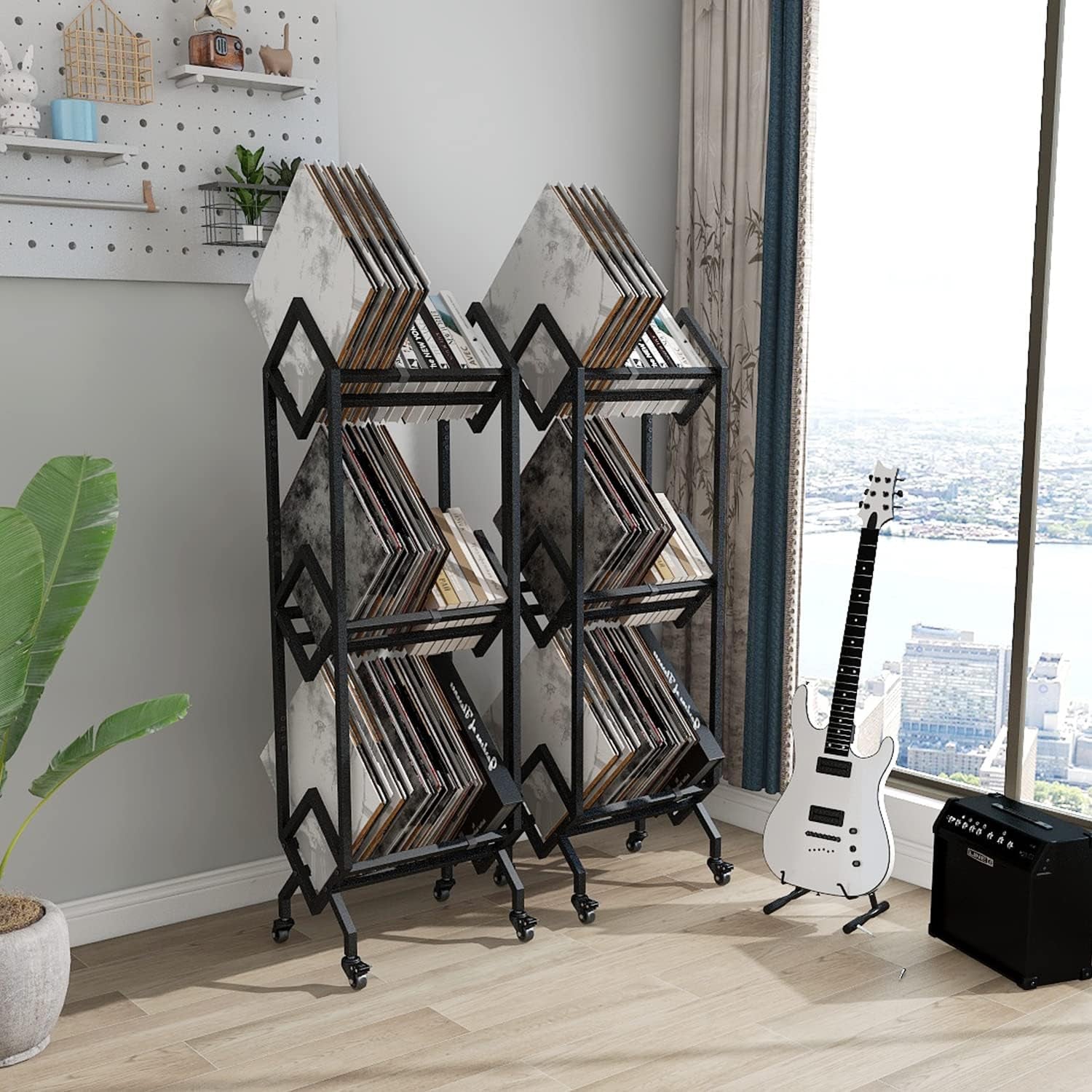 3 Tier Vinyl Record Storage Rack, Mobile Black Metal LP Storage Display Stand with Casters, Large Capacity Record Holder for Albums, Books, Magazines, and Office Files