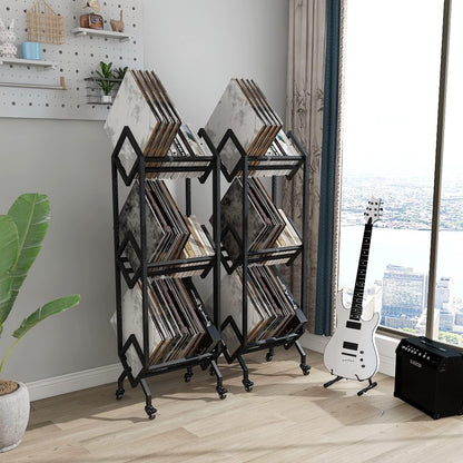 3 Tier Vinyl Record Storage Rack, Mobile Black Metal LP Storage Display Stand with Casters, Large Capacity Record Holder for Albums, Books, Magazines, and Office Files