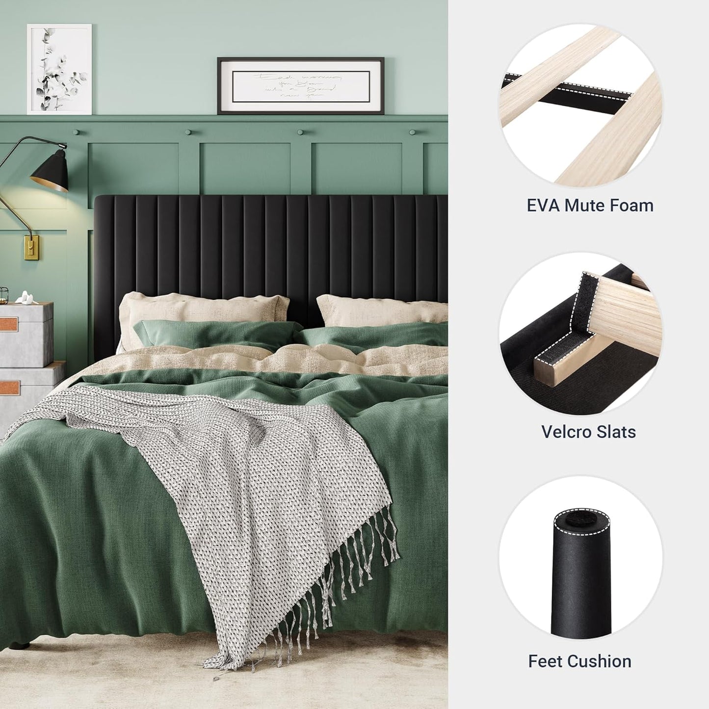 Queen Bed Frame, Velvet Upholstered Platform Bed with Vertical Channel Tufted Headboard, Mattress Foundation with Strong Wooden Slats, Box Spring Optional, Easy Assembly, Black