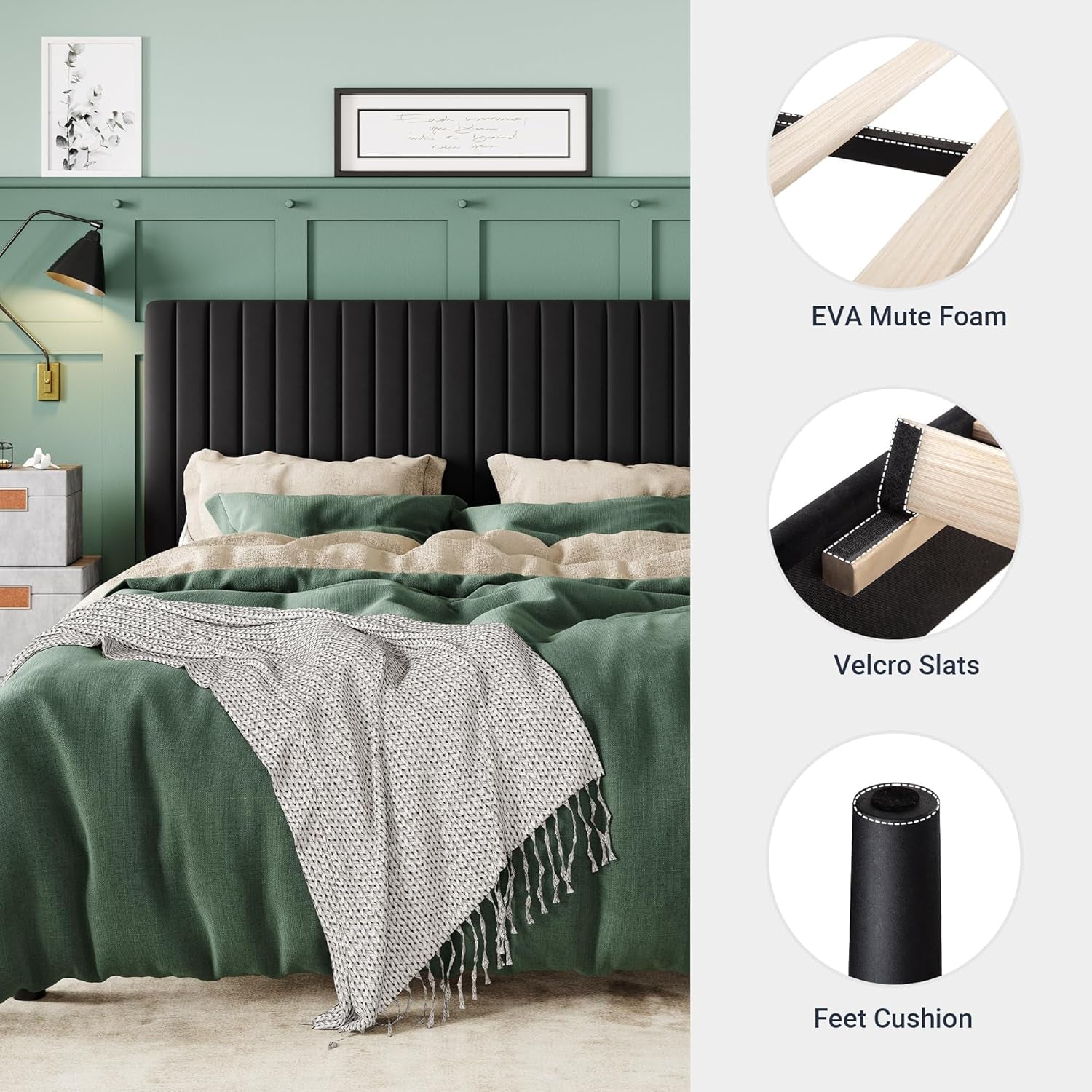 Queen Bed Frame, Velvet Upholstered Platform Bed with Vertical Channel Tufted Headboard, Mattress Foundation with Strong Wooden Slats, Box Spring Optional, Easy Assembly, Black