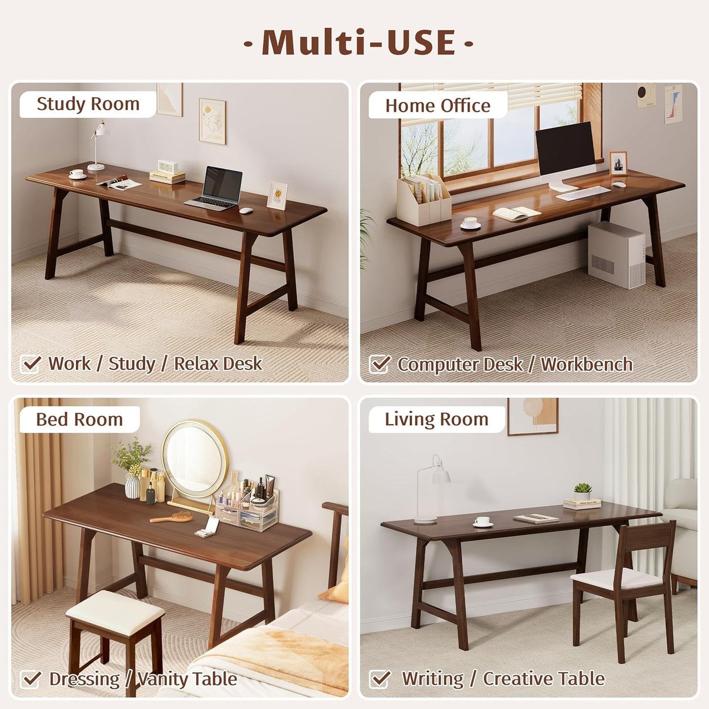 Solid Wood Writing Table - 48" W X 24" D Minimalist Computer Desk for Home Office, Work, Study, Creativity, and PC Workstation, Walnut