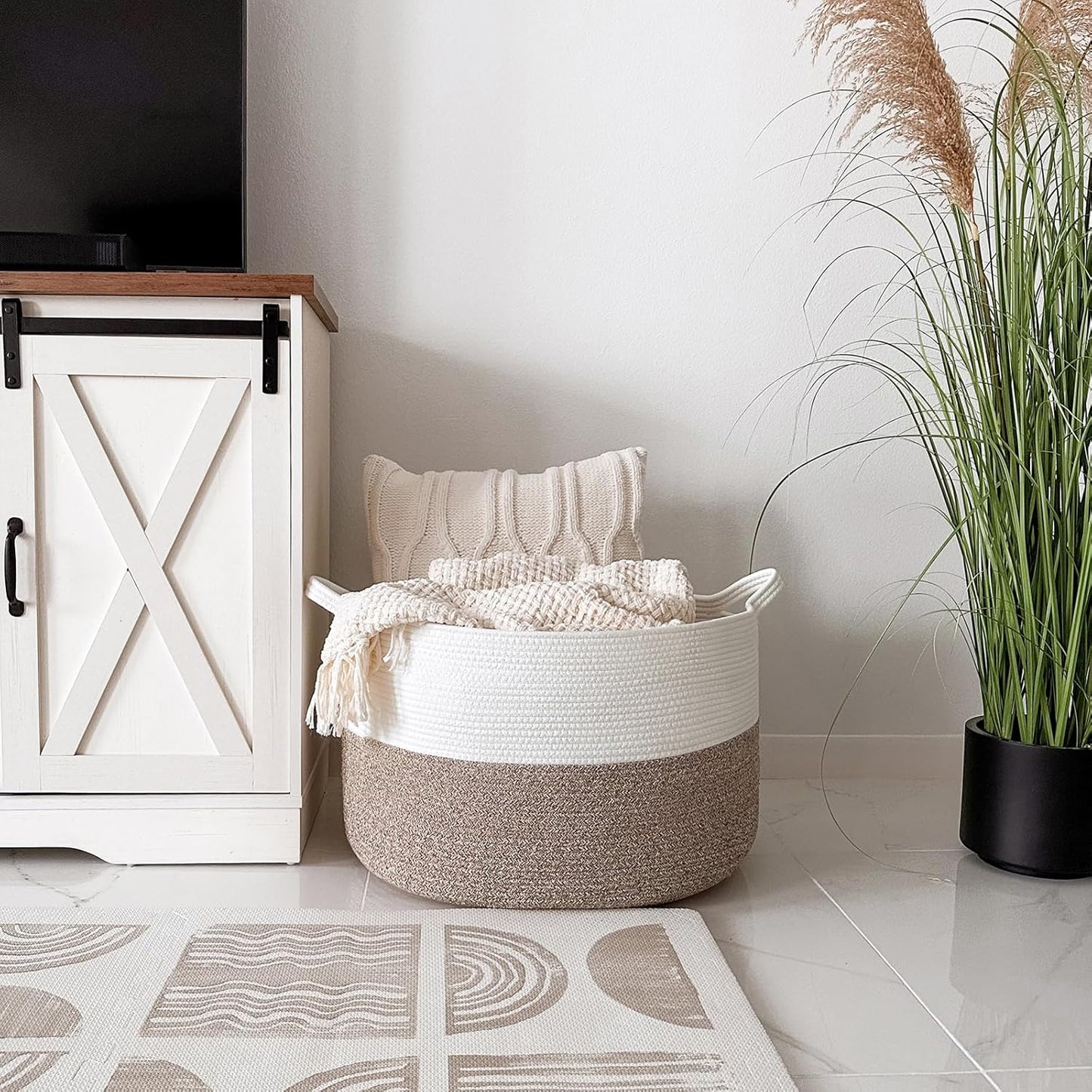 Xxxlarge Blanket Basket for Living Room 21.7" X 21.7" X 13.8"-Storage Basket with Handle for Organizing Toy Pillows Woven Cotton Rope Laundry Basket Stuffed Animal Toy Storage for Play Room