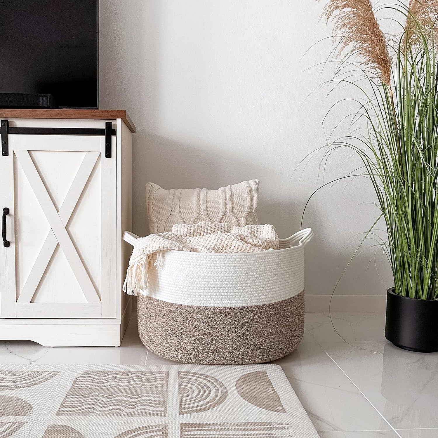 Xxxlarge Blanket Basket for Living Room 21.7" X 21.7" X 13.8"-Storage Basket with Handle for Organizing Toy Pillows Woven Cotton Rope Laundry Basket Stuffed Animal Toy Storage for Play Room