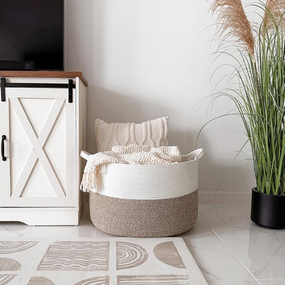 Xxxlarge Blanket Basket for Living Room 21.7" X 21.7" X 13.8"-Storage Basket with Handle for Organizing Toy Pillows Woven Cotton Rope Laundry Basket Stuffed Animal Toy Storage for Play Room