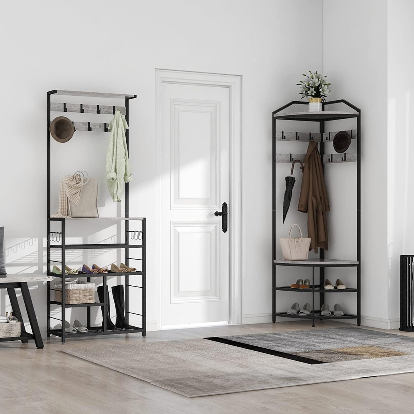 Grey Corner Hall Tree with Shoe Bench Entryway Coat Rack with 10 Metal Movable Hooks Rustic Farmhouse Floorstanding Clothes Rack Shoes Shelf Organizer for Home Office Bedroom (Greige)