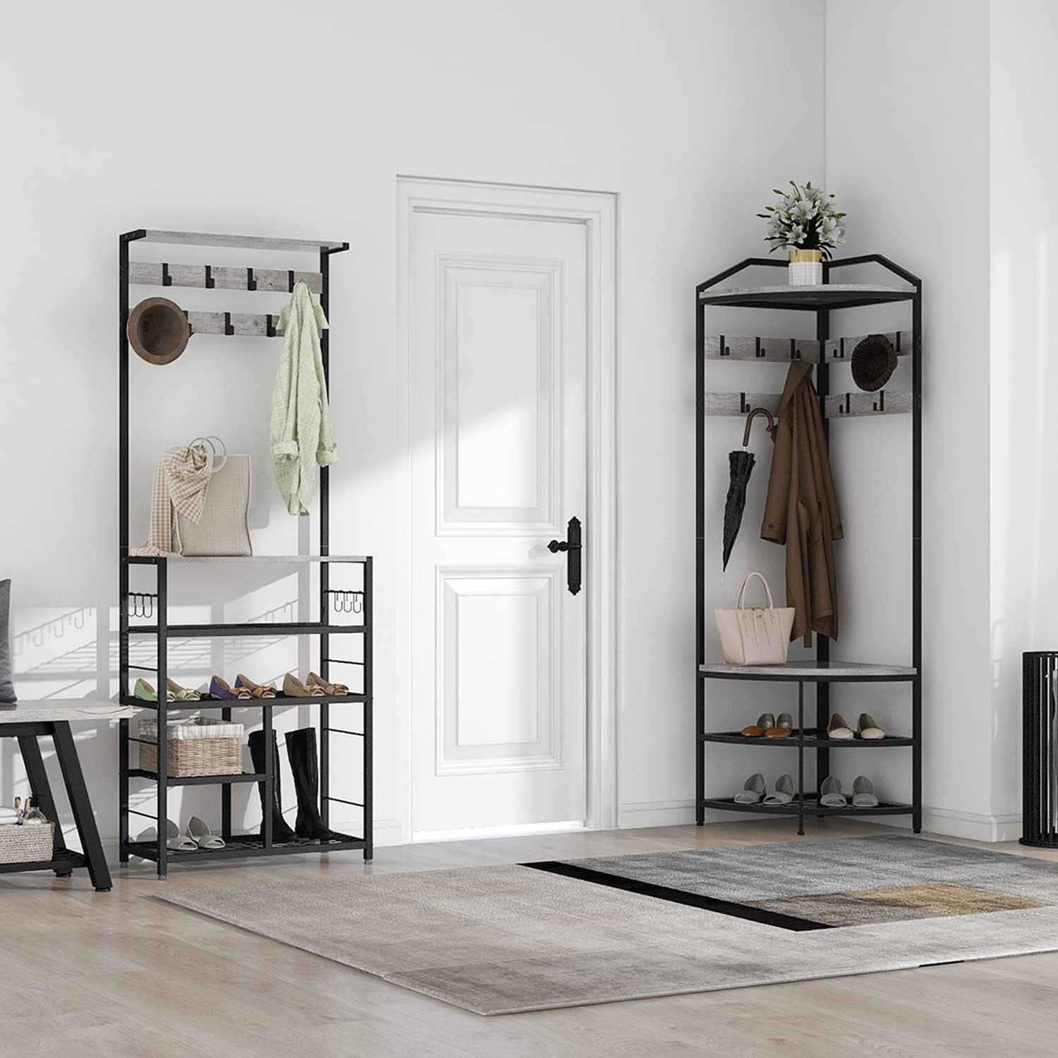 Grey Corner Hall Tree with Shoe Bench Entryway Coat Rack with 10 Metal Movable Hooks Rustic Farmhouse Floorstanding Clothes Rack Shoes Shelf Organizer for Home Office Bedroom (Greige)