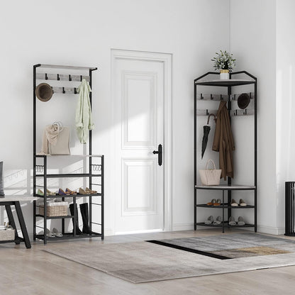 Grey Corner Hall Tree with Shoe Bench Entryway Coat Rack with 10 Metal Movable Hooks Rustic Farmhouse Floorstanding Clothes Rack Shoes Shelf Organizer for Home Office Bedroom (Greige)