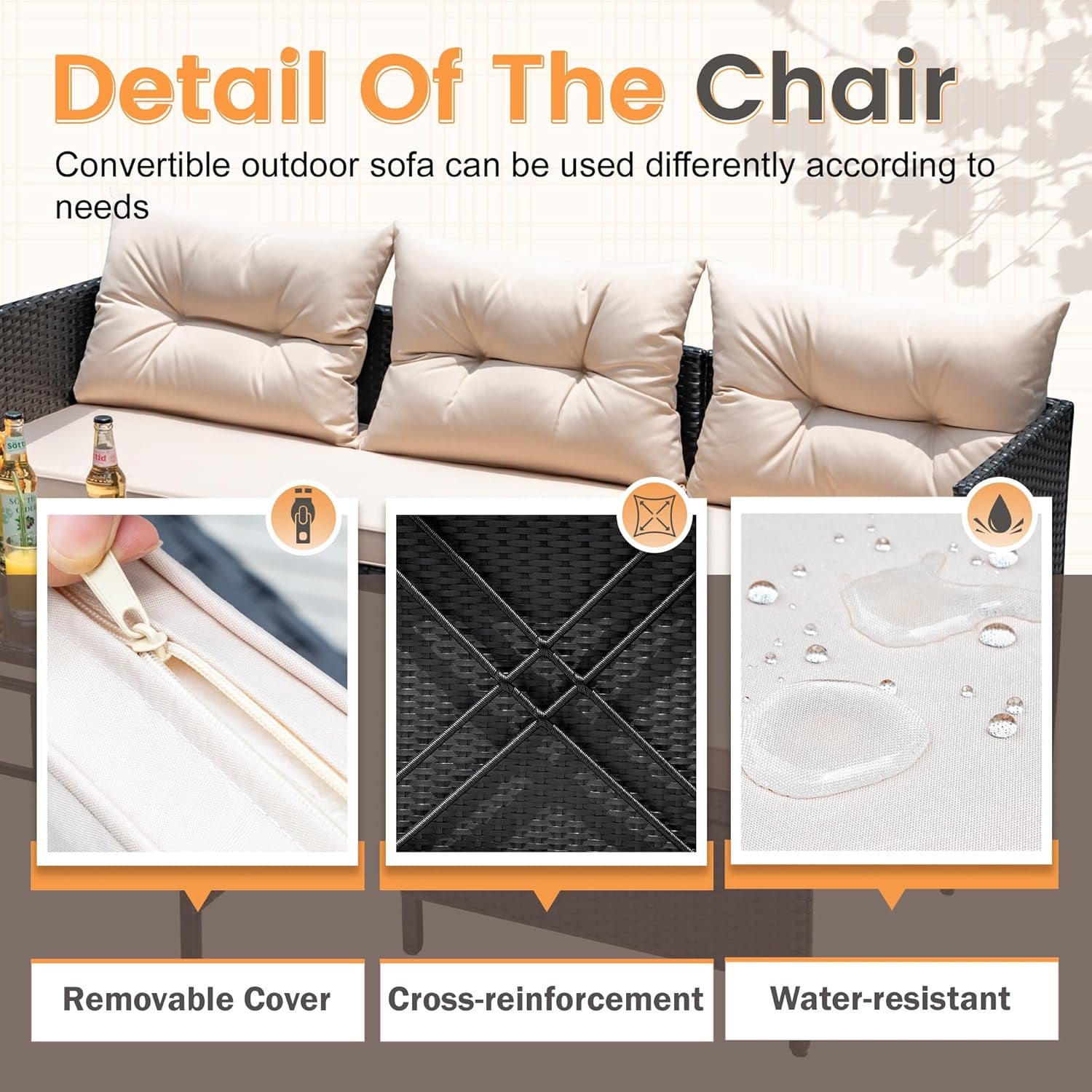 Outdoor Patio Furniture 3-Piece Rattan Waterproof Outdoor Sectional Sofa All-Weather L Shaped Patio Couch with Cushion Glass Table for Balcony, Garden (Beige)