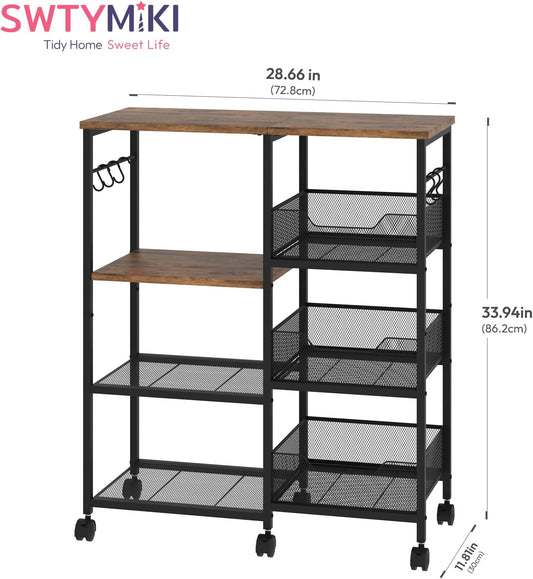 Kitchen Island Cart on Wheels - 4 Tier Rolling Kitchen Table Cart with Storage Shelves, 6 Removable Hooks& Locking Casters, Coffee Bar Cabinet for Dining Room Pantry Office, Espresso