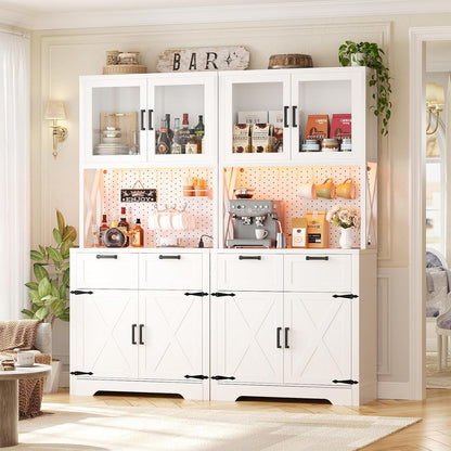 71" Pantry Cabinet with LED Light & Outlet, Tall Kitchen Pantry Storage Cabinet with Microwave Stand, DIY Pegboard, Drawers and Adjustable Shelf, Farmhouse Kitchen Hutch for Dining Room, White