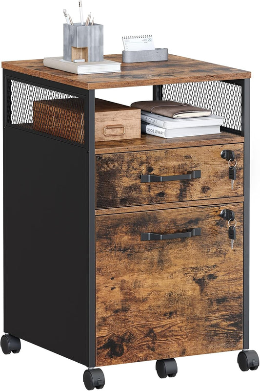 File Cabinet, Mobile Filing Cabinet on Wheels, for Home Office, 2 Lockable Drawers, for A4, Letter-Size Hanging File Folders, Open Shelf, Steel Frame, Rustic Brown and Ink Black UOFC077B01