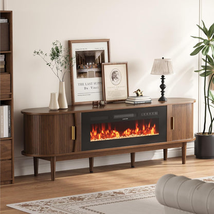 70″ Fluted Fireplace TV Stand for 80″ Tvs, Remote & Touch Control Adjustable Flame Colors & Temperature, Entertainment Center with Storage, Modern Media TV Console Table for Living Room(Walnut)