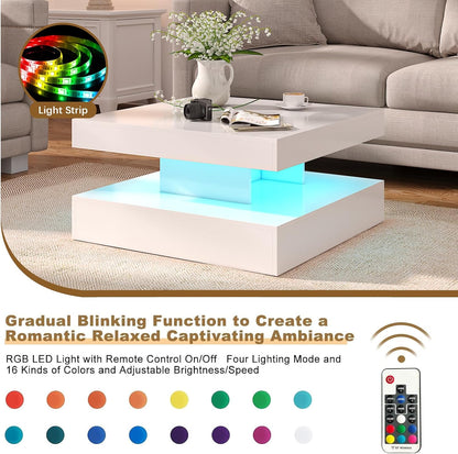 White LED Coffee Table for Living Room, 2-Tier Square Center Table Living Room Table, Modern High Glossy Contemporary Wood Coffee Tables with Storage, Suitable for Dining Reception
