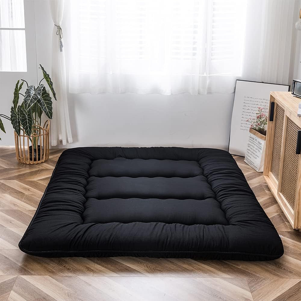 Japanese Floor Mattress Futon Mattress, 4" Thicken Tatami Mat Sleeping Pad Foldable Roll up Mat Boys Girls Dormitory Pad Kids Floor Lounger Pillow Bed, Black, Full