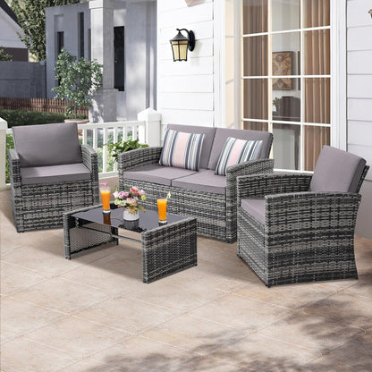 4-Piece Patio Furniture Set, Wicker Outdoor Rattan Sectional Sofa with Cushions and Glass Table, All-Weather Outdoor Conversation Set for Garden, Porch, Backyard, Patio, Light Grey