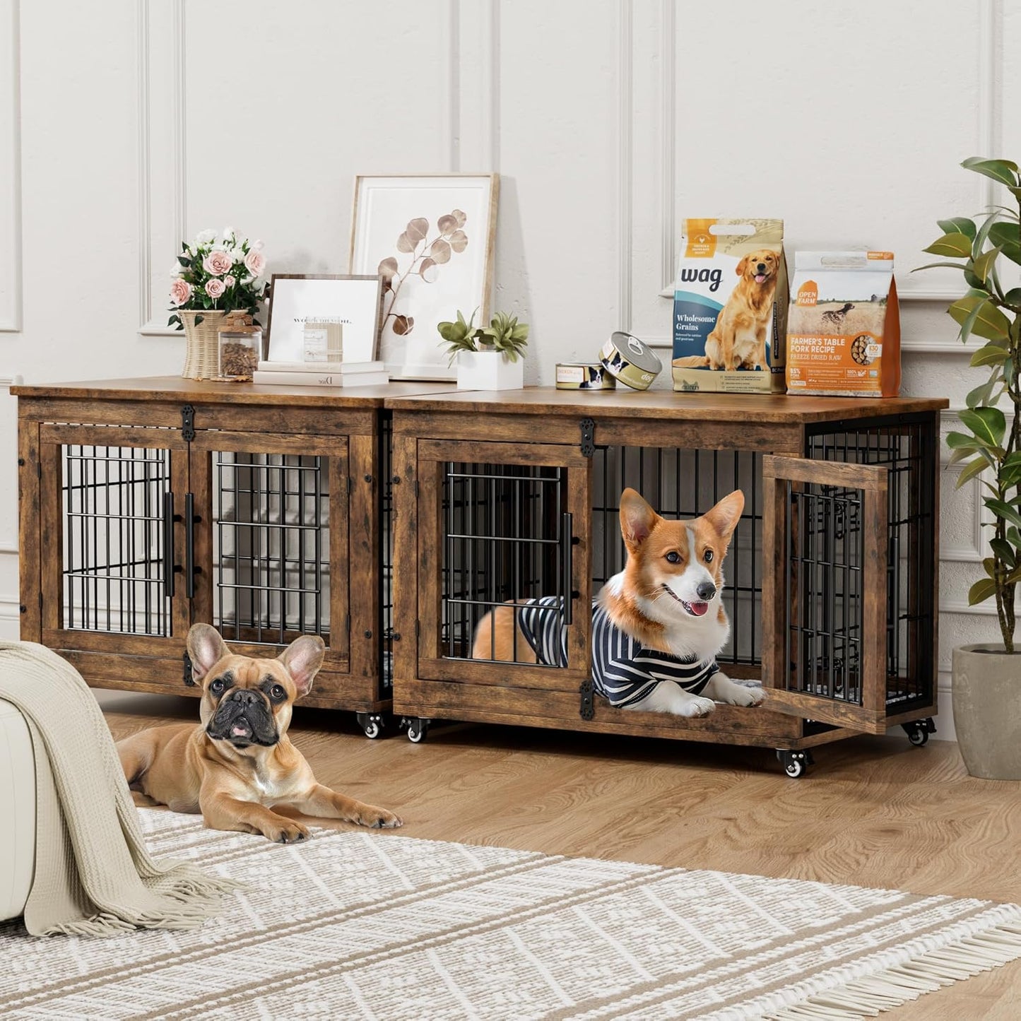 Dog Crate Furniture with Cushion Set of 2, Wooden Dog Kennel Indoor with Wheels & Double Doors, Dog Cage Side End Table for Medium Small Dogs up to 45 Lb, 32.5” L, Rustic Brown