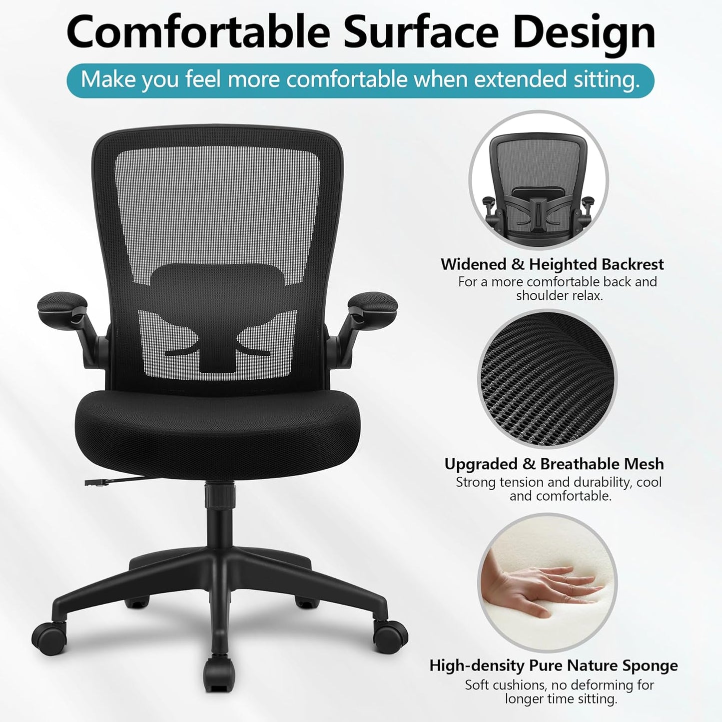 Office Chair, Ergonomic Desk Chair Breathable Mesh Chairs Adjustable High Back Lumbar Support Flip-Up Armrests, Executive Rolling Swivel Comfy Computer Chairs Home Office Black