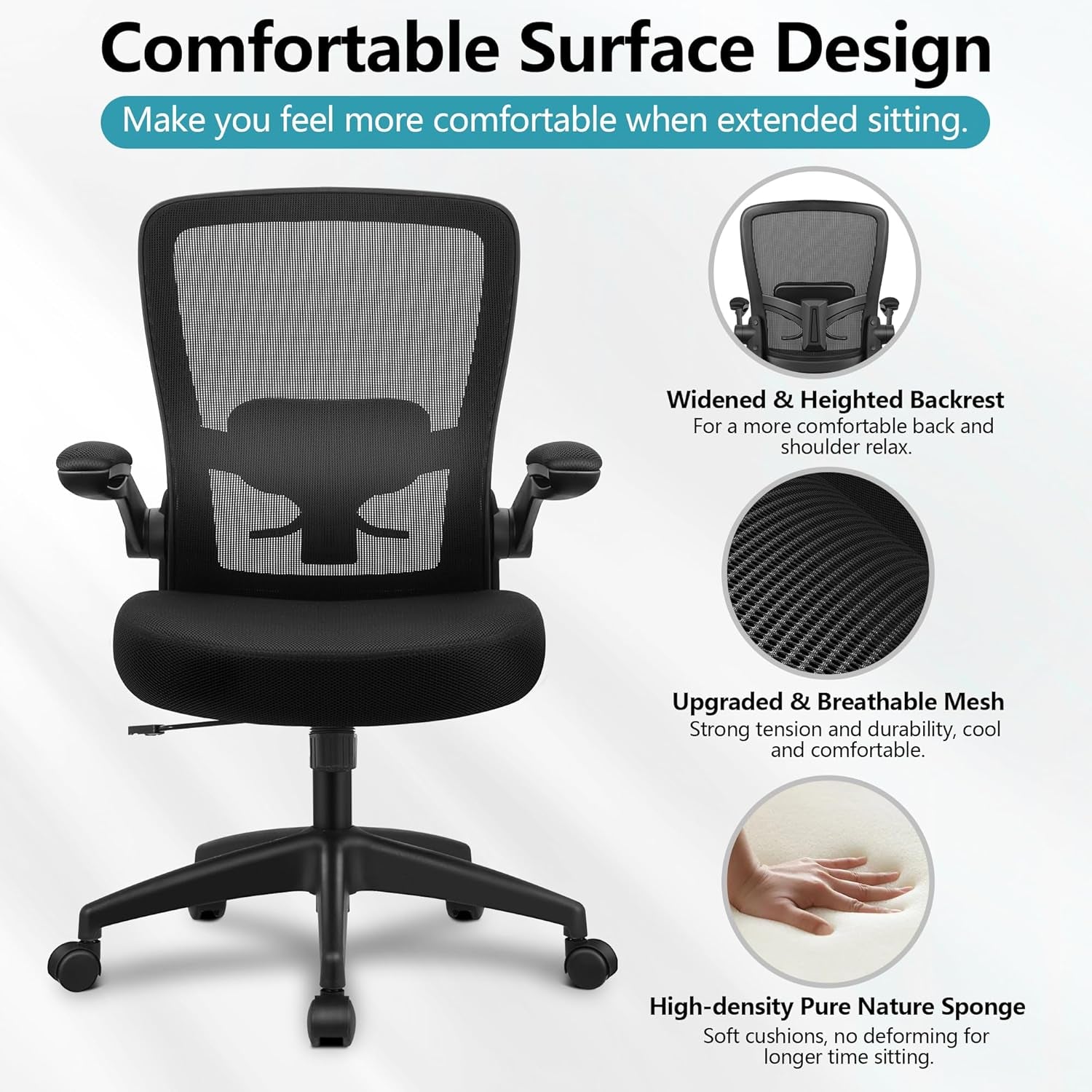Office Chair, Ergonomic Desk Chair Breathable Mesh Chairs Adjustable High Back Lumbar Support Flip-Up Armrests, Executive Rolling Swivel Comfy Computer Chairs Home Office Black