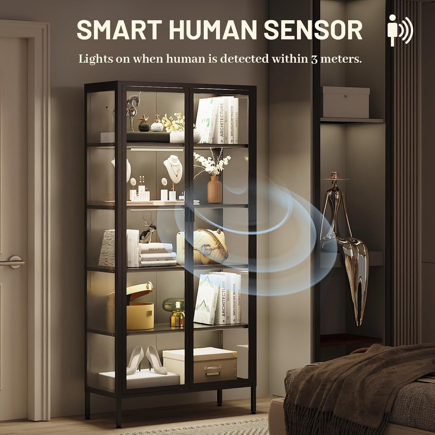 71" H Display Cabinet with Glass Doors,Display Case with LED Sensor Lights,Glass Display Cabinet with Adjustable Shelves and Feet,Display Cabinets for Living Room/Bedroom/Kitchen