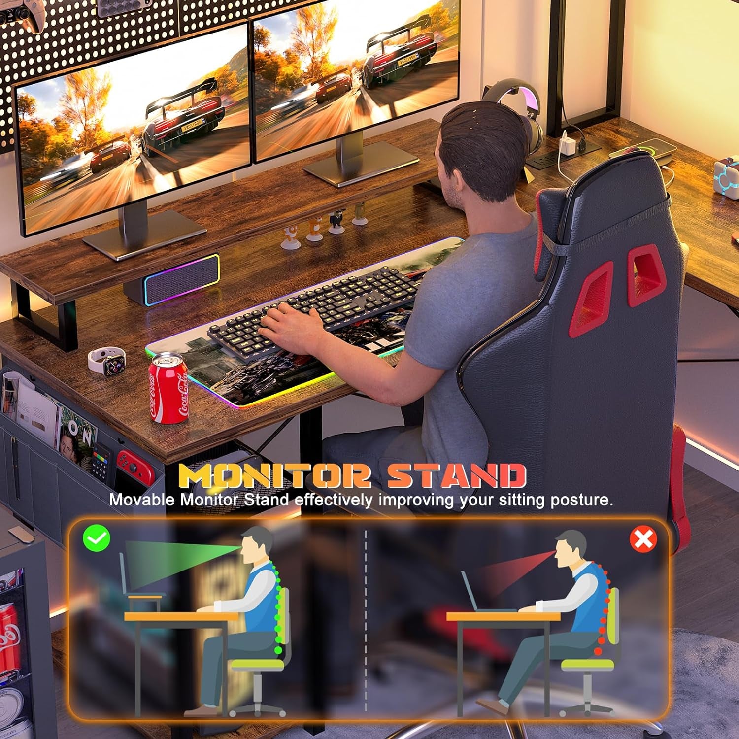 Small L Shaped Gaming Desk with LED Lights & Power Outlets, Reversible L-Shaped Computer Desk with Monitor Stand & Storage Shelf, Corner Desks Home Office Desk with Storage Bag, Rustic Brown