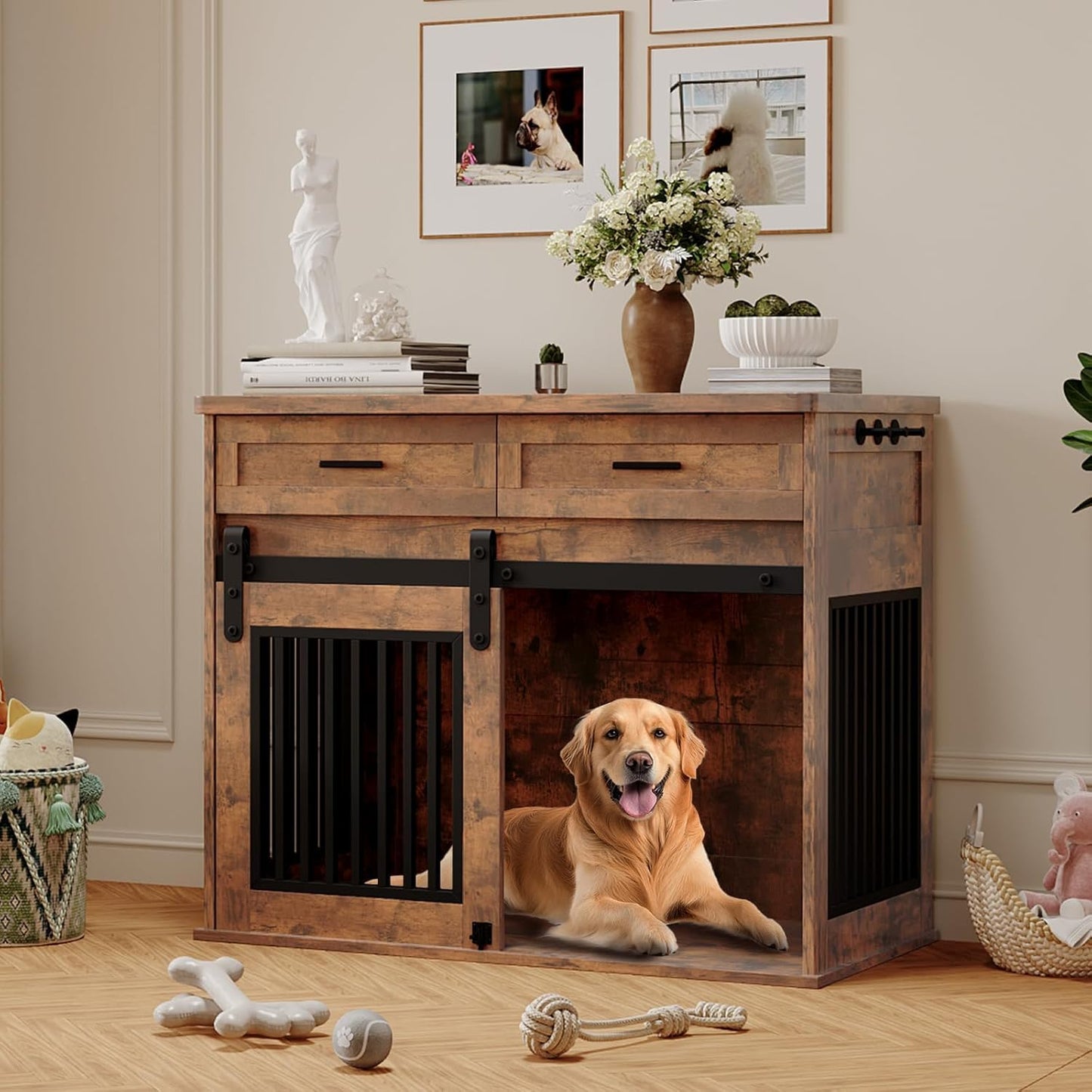 44.5'' Dog Crate Furniture with Hook and Storage Drawer, Wooden Dog Kennel with Sliding Barn Door Indoor Furniture Style Dog Crates End Table for Medium/Small Dogs