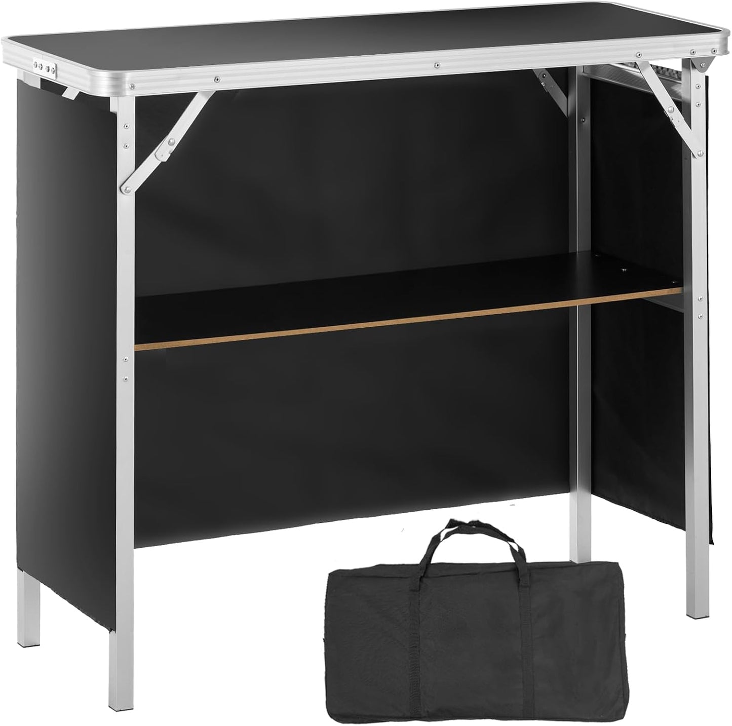 Folding Portable Bar Table, Tradeshow Podium Table for Indoor, Outdoor, Party, Picnic, Exhibition, Includes Carrying Case, Storage Shelf and Black Skirt, 38.39" X 15.16" X 34.25"